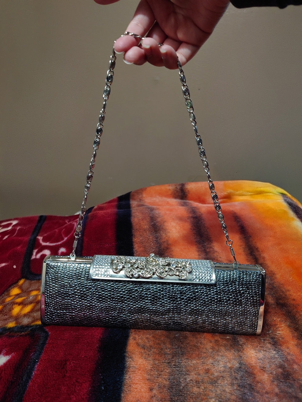 Vintage Style Metallic Faux Snakeskin,Floral Scrolls W/ Stones,GreekChain Clutch